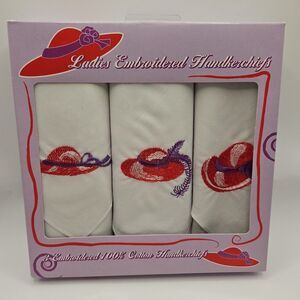 Vintage Embroidered Ladies Handkerchiefs 3 Cotton Red Hats Society in box